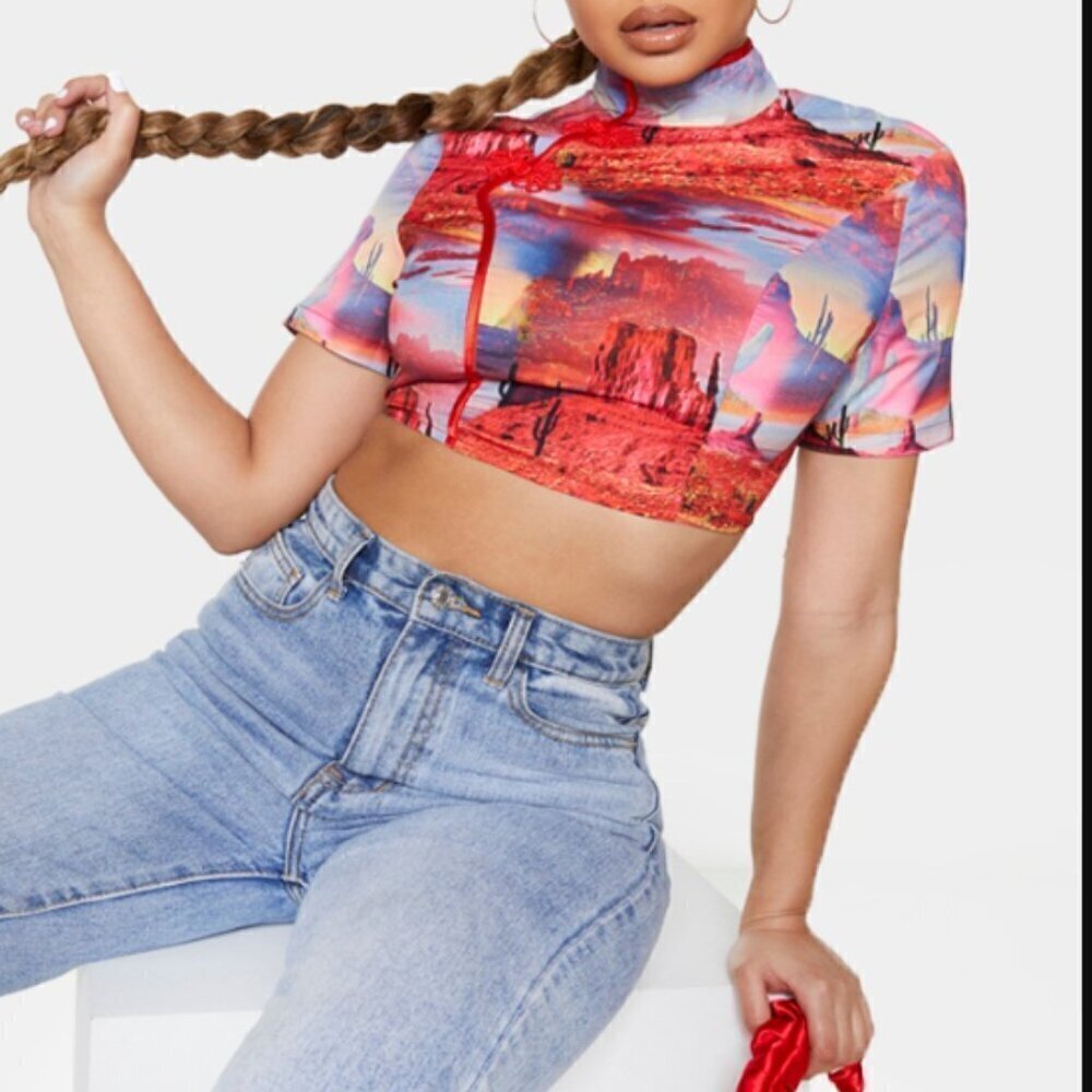 Pretty Little Thing Red Cactus Print High Neck Crop Top Size 4